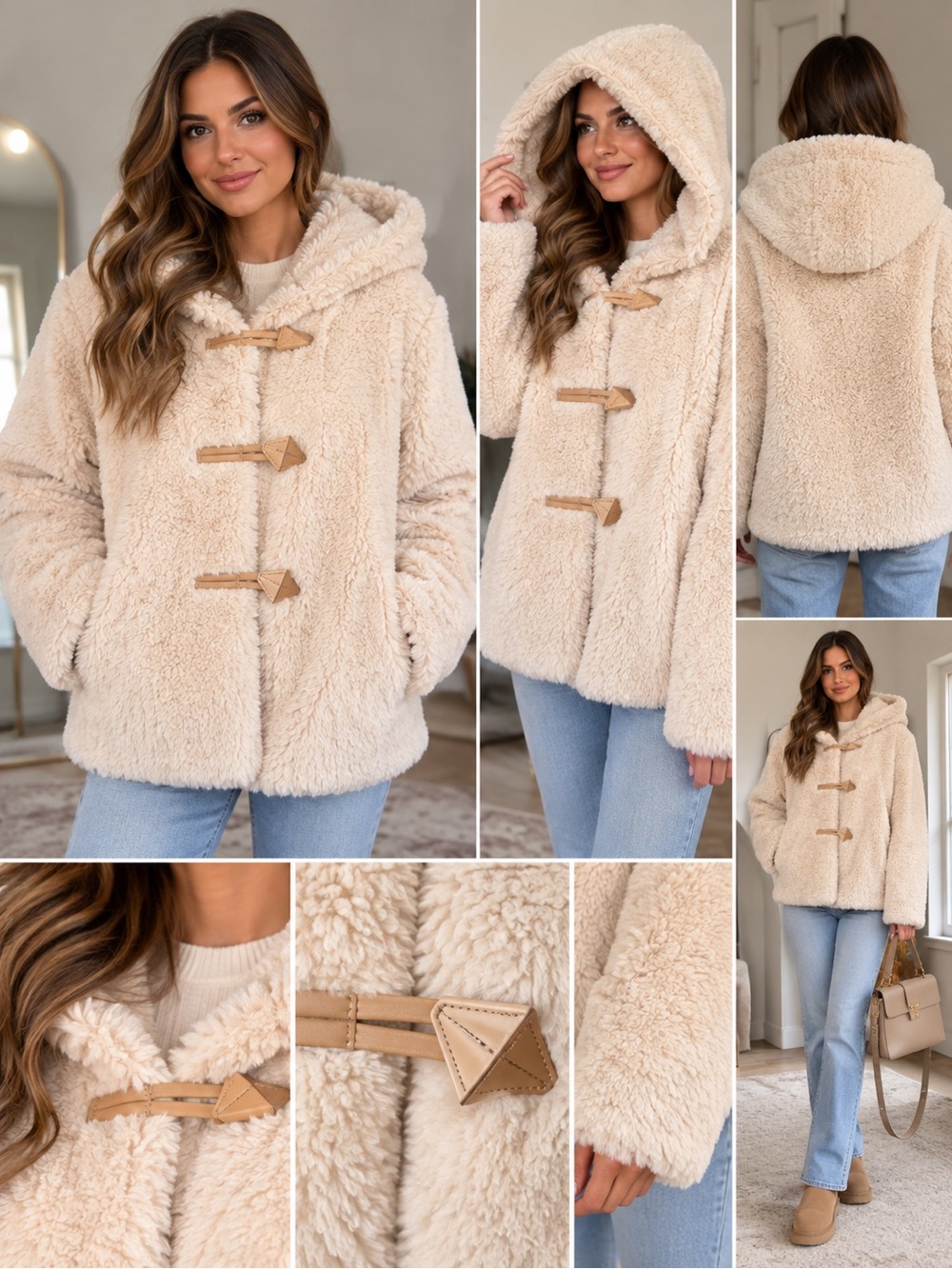 GOELIA Cream Teddy Lambs Wool Sherpa Hooded Toggle Jacket Coat Size S